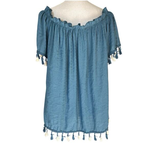Shein Curve Blue White Tassle Top 0XL - Picture 2 of 3